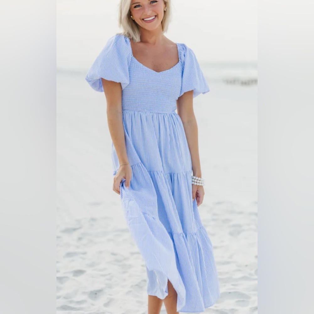Blue Striped Puff Sleeve Smocked Midi Dress